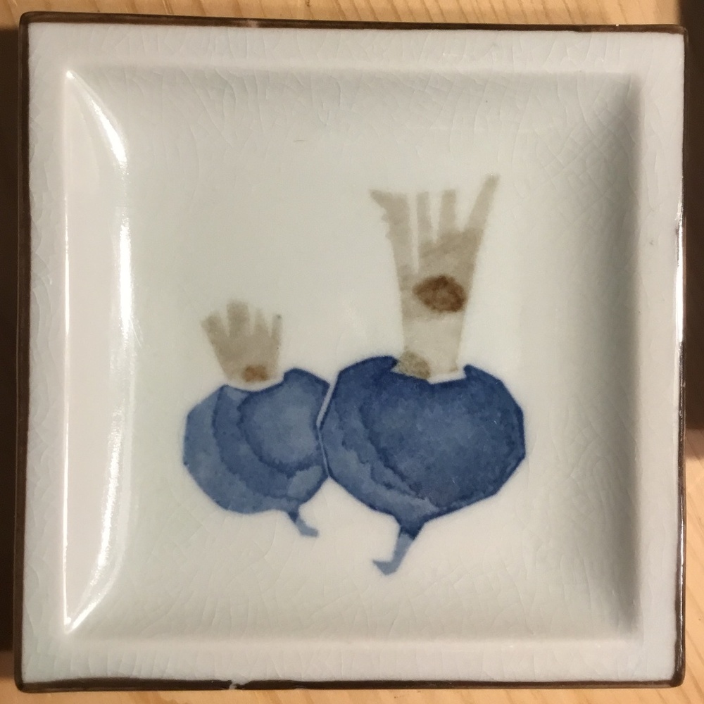 Mushrooms & Radish Plates VTG Otigari Appetizer/Trinket Dish 4 7/8” Square Blue - Picture 2 of 7